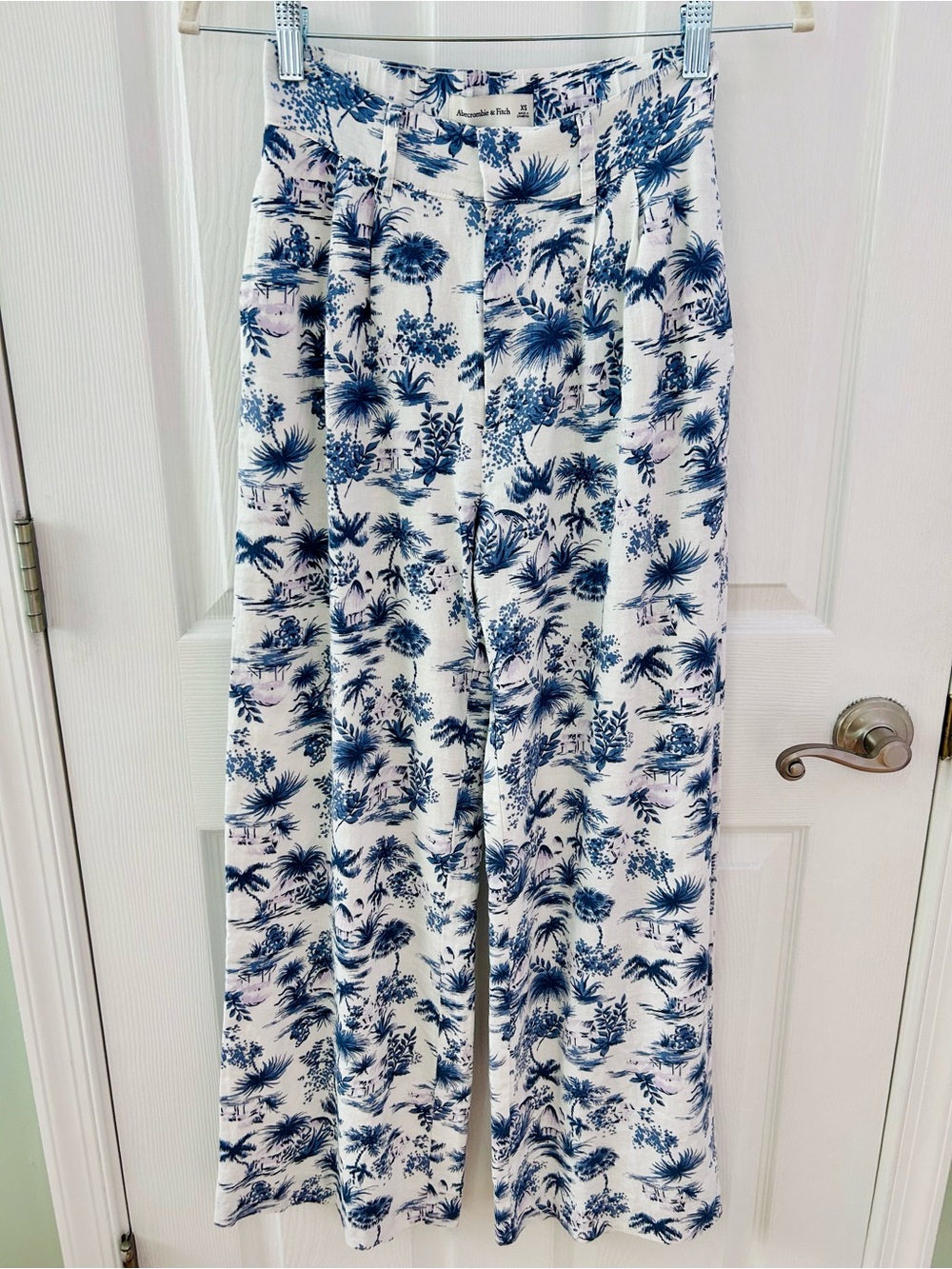 Abercrombie & Fitch Wide-Leg Trouser Pants with Blue Tropical Print